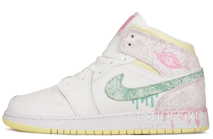 Кроссовки Nike Air Jordan 1 Mid SE GS Paint Drip DD1666-100 белые, кожаные